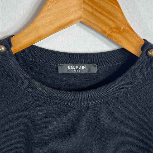 Balmain Black Knit Logo Sweater with Gold Plate Logo and Shoulder Buttons Size S - Picture 2 of 10